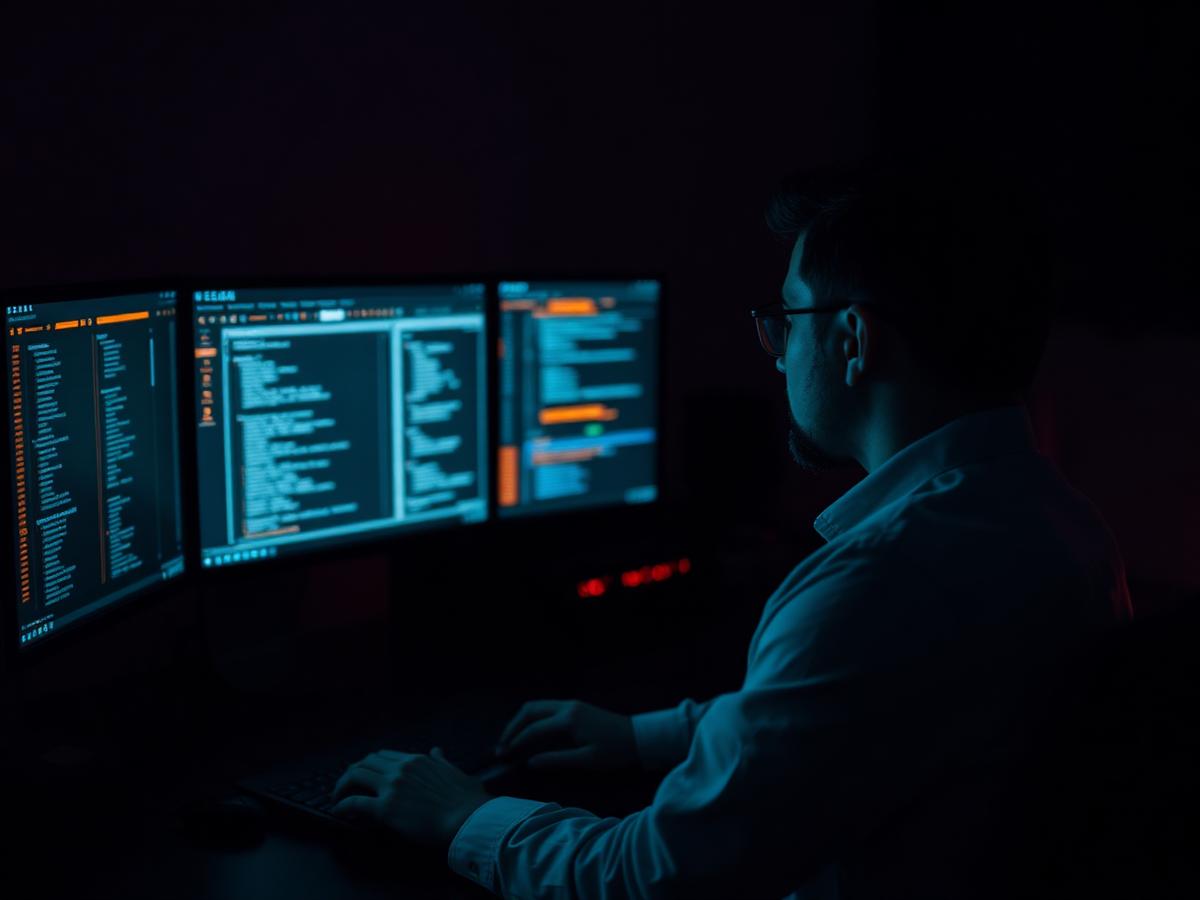 Security engineer reviewing a directory console on multiple monitors